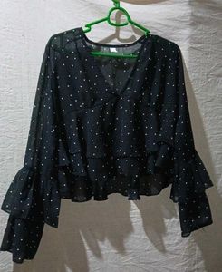 Black Polka Dot Ruffle Sleeve Top