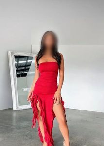 Red Strapless Ruffle Dress