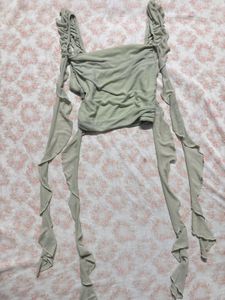 Sheer Ruched Crop Top with Draping Sleeves