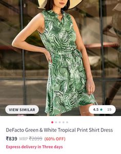 Defacto Green&amp;white Tropical Print Shirt Dress