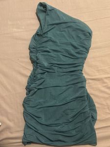 ZARA Teal Ruched One-Shoulder Mini Dress