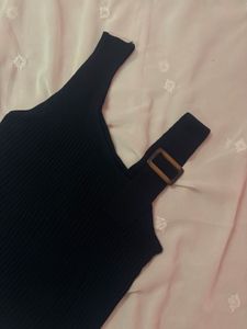 Ribbed Black Tank Top with Buckle Detail