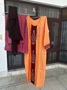 Orange Kurta with Maroon Embellishment