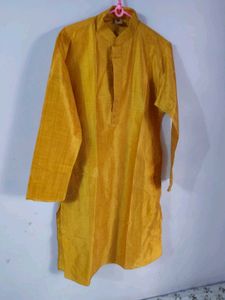 Manyavar Men's Yellow Kurta with Beige Pants