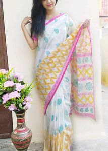 Handmade Pure Silk Block-Printed Saree with Blouse