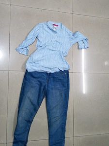 Blue Stripe Shirt &amp; Denim pant Set