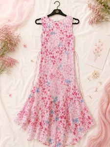 Pink Floral Sleeveless Midi Dress