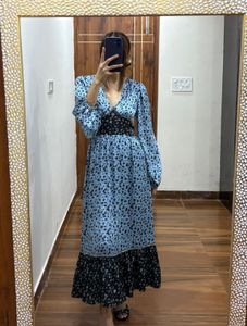Ditsy Floral Pastel Blue-Black Print Midi Dress