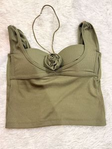 Olive Green Ribbed Crop Top with Rose Detail