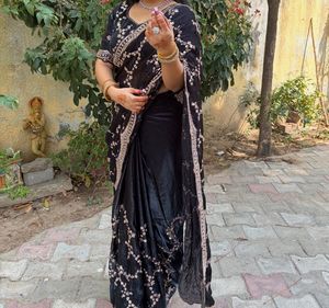 Elegant Black partywear Saree with roseGold Embroi