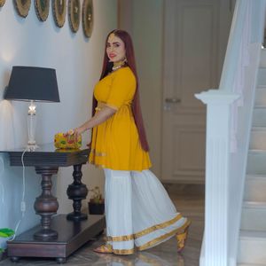 Kurta, Sharara pant, Shell belt with necklace
