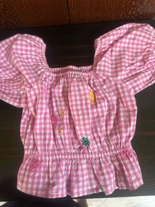Pink Gingham Embroidered Puff Sleeve Top