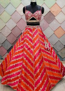 Vibrant Orange &amp; Pink Striped Lehenga Choli Set