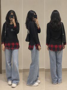 Black T-shirt with Plaid Trim