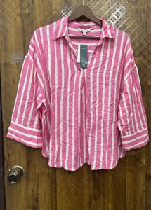 Chic Pink & White Striped Button-Up Top
