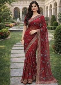 Elegant Maroon Embroidered Saree