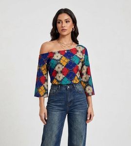 Boho Diamond Print Off-Shoulder Top
