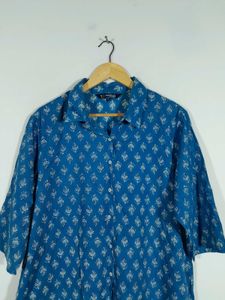 Blue Printed Shirt Style Top For Women's
