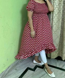 Chic Red &amp; White Zigzag Print Kurta