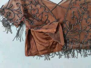 Brown Net blouse with tassels