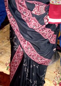 Elegant Black &amp; Red Floral Saree