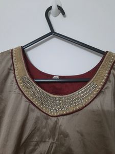 Tafetta Silk Long Kurti Gown Maroon Gold Wedding