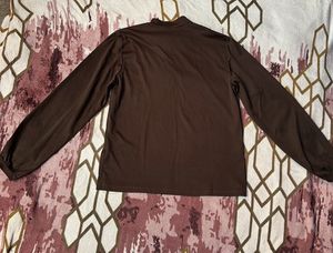 Brown Tie Neck Long Sleeve Top