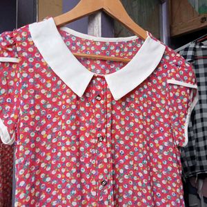Red Floral Button-Up Top with Peter Pan Collar