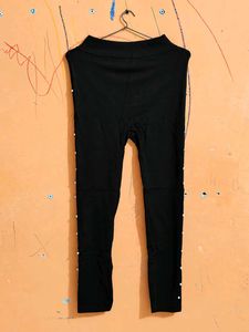 Black Leggings with Pearl Detail