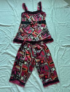 Silky Pajama Set - Pink Geometric Print