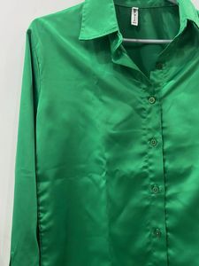 Vibrant Green Satin Button-Up Shirt