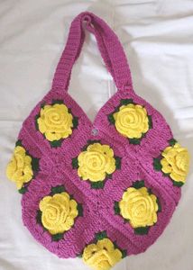 Crocheted Bag with Yellow Rose Appliques