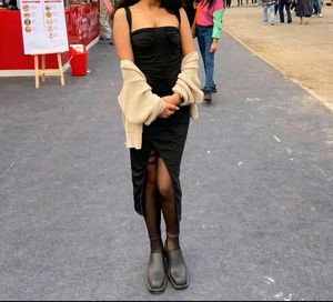 Elegant Black Ruched Midi Dress with Slit