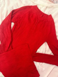 Chic Ribbed Knit Red Dress