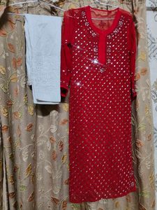 Elegant Red Mirror chikankari Kurta Set