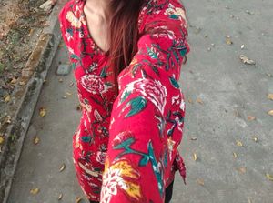 Red Floral Bell Sleeve Kurti