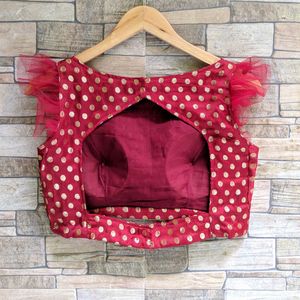 Maroon Polka Dot Blouse with Tulle Sleeves