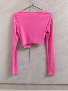 Pink Tie-Front Long Sleeve Crop Top