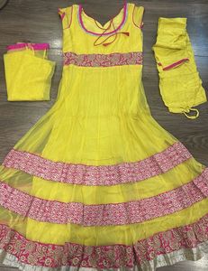 Vibrant Yellow Kurta Set with Pink Embroidery