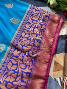 Vibrant Blue Silk Saree with Pink Border