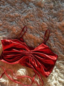 Red Ruched Halter Neck Crop Top