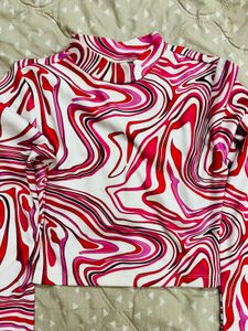 Vibrant Swirl Print Mock Neck Top