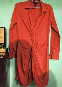 Chic Orange Twist Front Shirt Dress