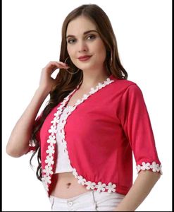 Stylish Pink Shrug with Floral Trim