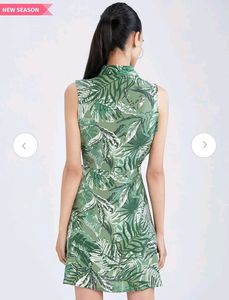Defacto Green&amp;white Tropical Print Shirt Dress