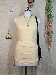 Cream Ruched Drawstring dress