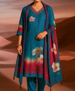 Teal Floral Print Kurta Set