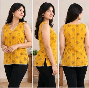 Yellow Sleeveless Printed Kurta