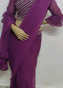Saree With Beaded Purple Blouse