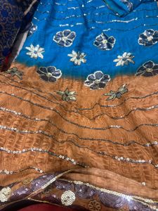 Elegant Blue &amp; Brown Floral Saree